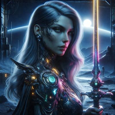 The primary subject of the image is a woman with long blonde hair, wearing a futuristic outfit and holding a sword. She is standing in a futuristic setting, possibly a space station, with a backdrop of a moon. The visual style of the image is digital art, and the colors and mood are dark and dramatic.
